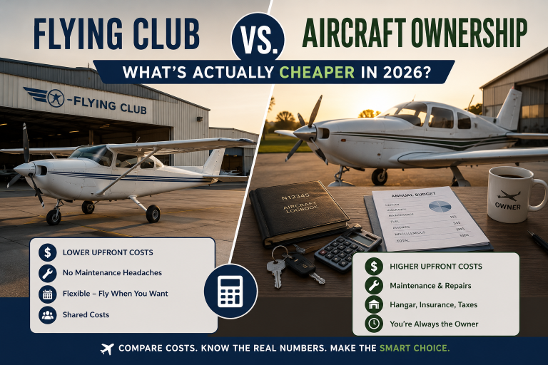 Split infographic: Flying Club vs Aircraft Ownership, highlighting cheaper upfront costs and flexibility versus higher upfront costs and ongoing maintenance.