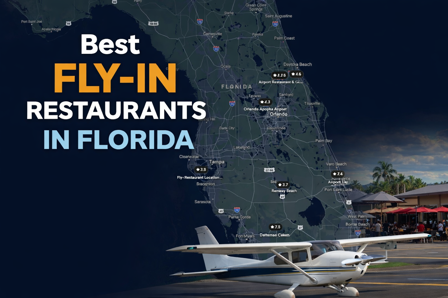 Map of Florida with bold 'Best FLY-IN RESTAURANTS IN FLORIDA' text overlay; small airplanes and outdoor dining scene at the bottom right.