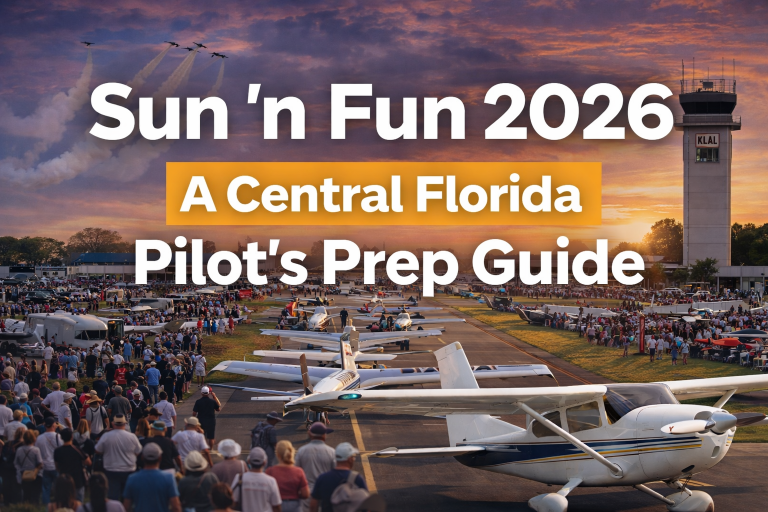 Crowded airshow scene at sunset with small planes on a runway and a control tower, overlaid with 'Sun 'n Fun 2026' and 'A Central Florida Pilot's Prep Guide'.