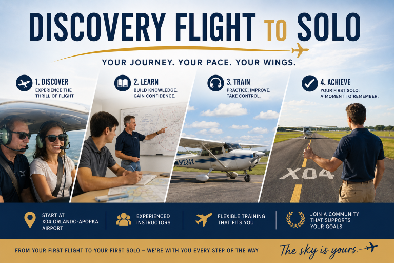 Banner promoting Discovery Flight to Solo with four steps: Discover, Learn, Train, Achieve.
