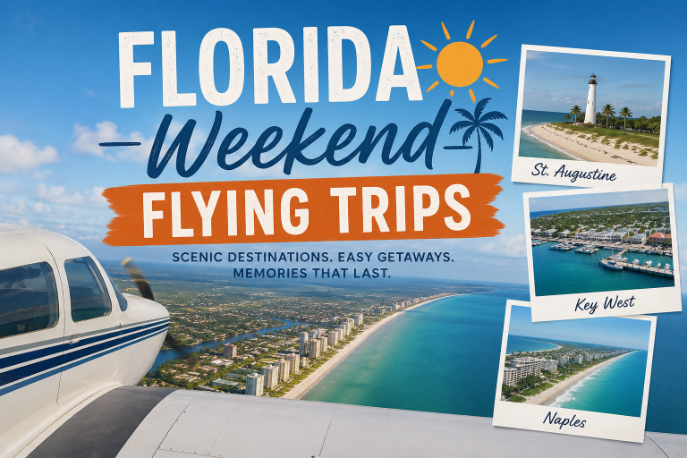 Promotional Florida travel poster advertising weekend flying trips with a plane wing and photo polaroids of St. Augustine, Key West, and Naples on a blue sky backdrop