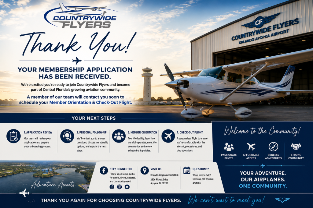 Promotional flyer for Countrywide Flyers at Orlando Apopka Airport, featuring a small prop plane outside a hangar and a bold "Thank You!" message with next steps for members.