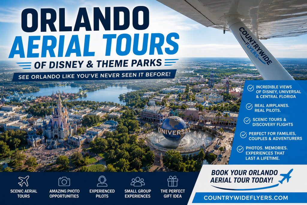 Promotional aerial view ad for Orlando Aerial Tours over the Orlando skyline with the Universal globe landmark in the foreground.