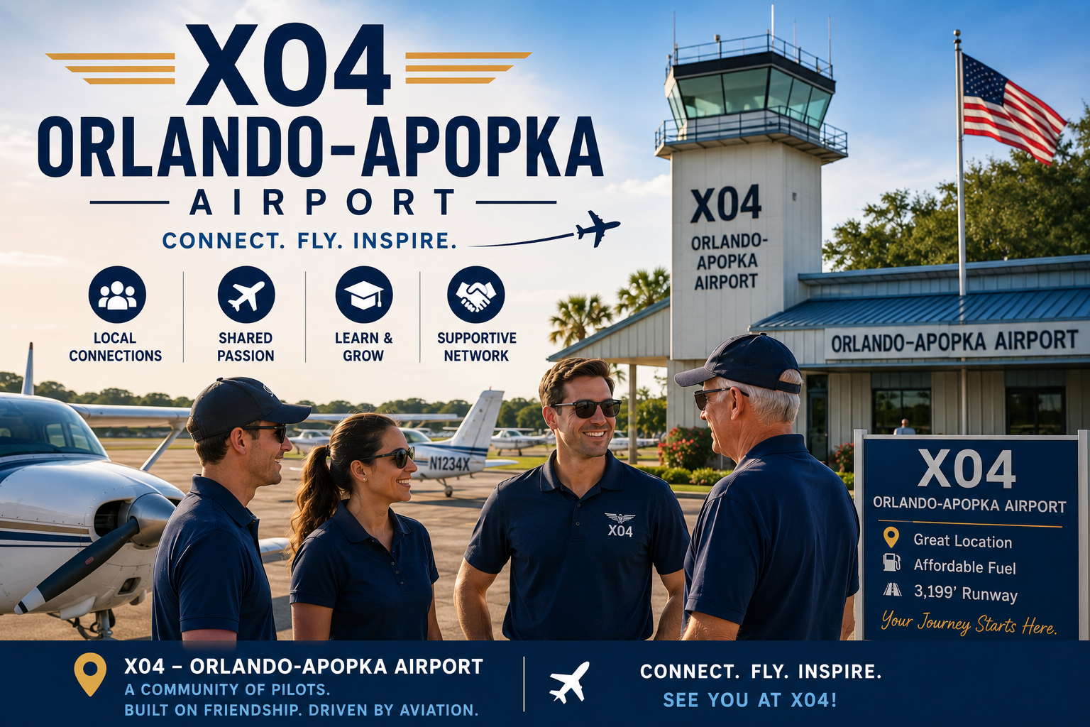 Promotional banner for XO4 Orlando–Apopka Airport with four people in navy polo shirts standing near a small airplane in front of the airport terminal and control tower.