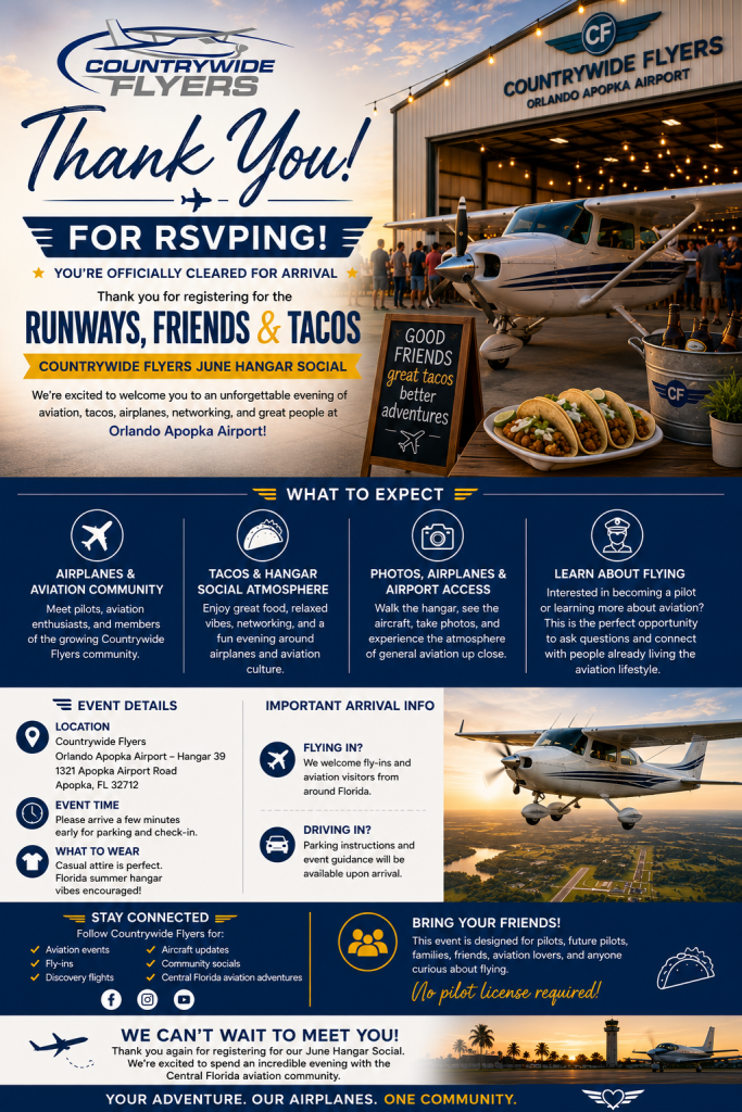 Poster for Countrywide Flyers June Hangar Social at Orlando Apopka Airport with a small plane, tacos, and welcome message ‘Thank You!’ and ‘For RSVPing’ text.