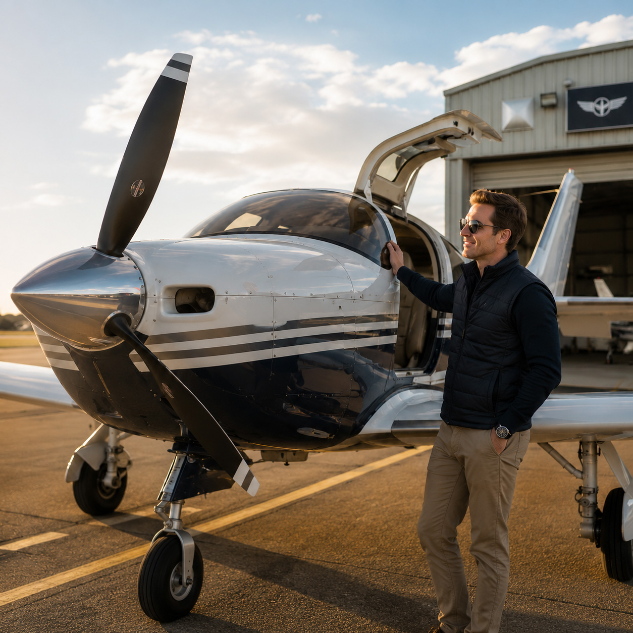 Man in sunglasses and a navy vest stands by a small single-engine propeller airplane on a sunny runway, touching the open cockpit door.