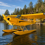Yellow single-engine floatplane on a lake with its pontoons reflected in the water and a pine forest in the background.