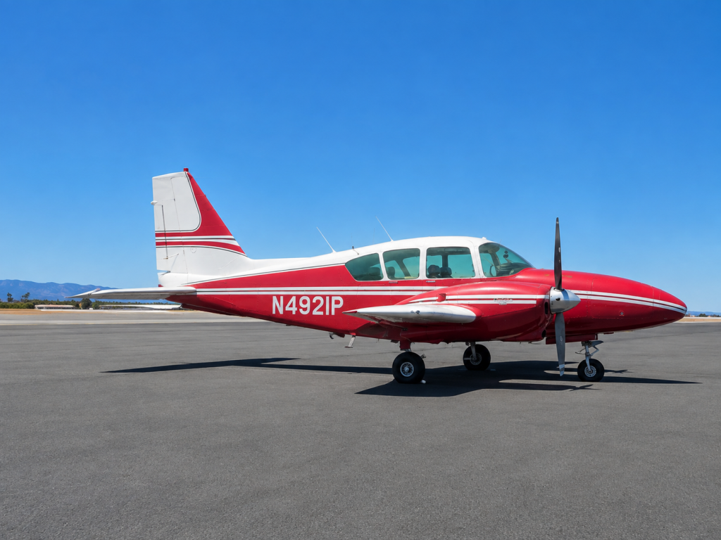 Red and white single-engine propeller airplane parked on a tarmac under a clear blue sky.
