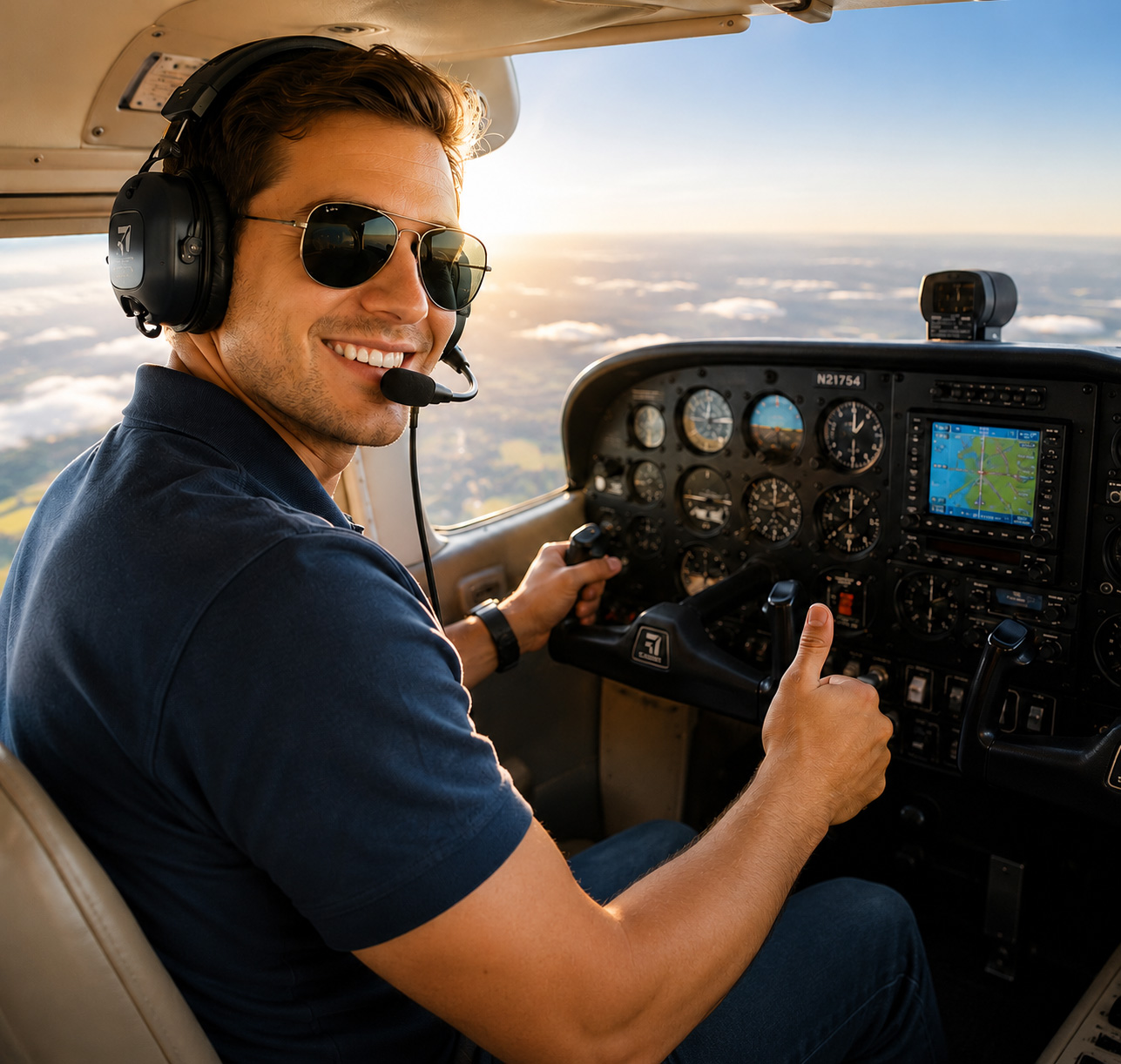 Pilot wearing headset and sunglasses in cockpit, smiling as he flies above the clouds at sunset.