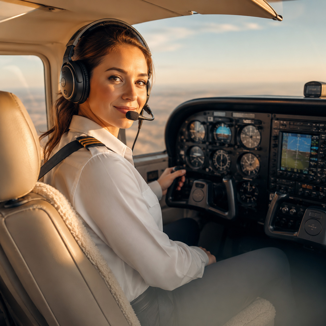 Smiling female pilot wearing a headset sits at the controls of a small aircraft cockpit.