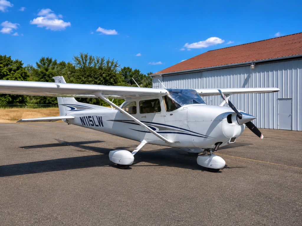 White single-engine propeller plane parked on tarmac beside a corrugated metal hangar, blue sky above.