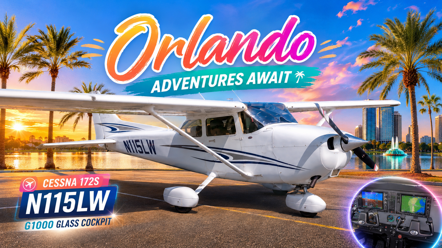 White Cessna 172S on a sunny runway with palm trees, lake, and city skyline, featuring the 'Orlando Adventures Await' banner.