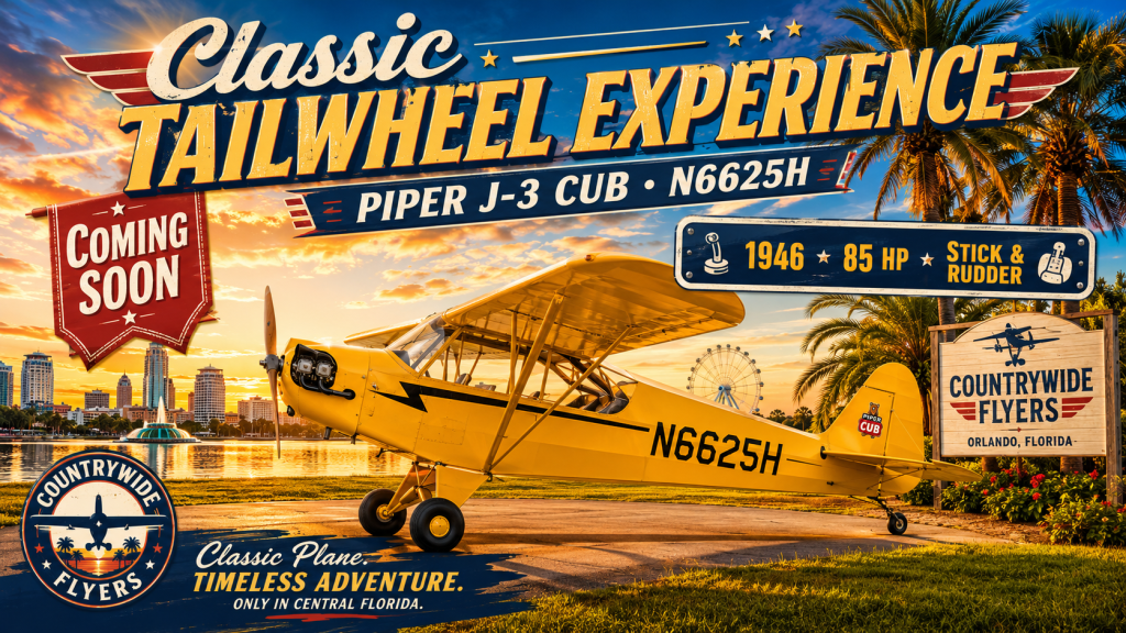 Promotional poster for a tailwheel flight experience with a yellow Piper J-3 Cub on a sunny airfield, 'Coming Soon' banner, and city skyline.